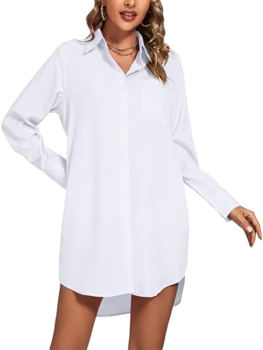 LYANER Women's Collar V Neck Button Down Long Sleeve Cruved Hem Shirt Dresses with Pockets3