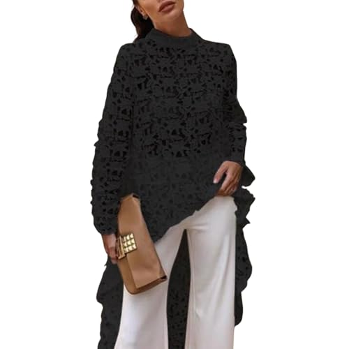 SHINROAD Camiseta elástica para mujer, corte largo, irregular, encaje de ganchillo, floral, patchwork, transparente, parte delantera y trasera, blusa con, Negro, XL