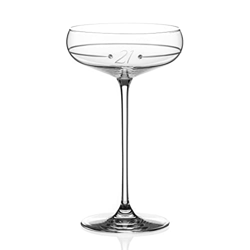 DIAMANTE Swarovski 21st Birthday Ring Champagne Saucer – Single Crystal Champagne Cocktail Coupe Glass with Hand Etched 21 and Swarovski Crystals – Gift Boxed