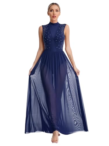 iiniim Vestido de Danza Ballet Lírico para Mujer Maillot de Patinaje Artistico Vestido Brillante Ropa de Danza Contemporánea Traje de Baile Moderno Actuacion B Azul Marino M
