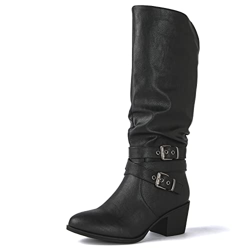 Image of GLOBALWIN Women's Knee High Cowboy Boots - Minimalist Western Round Toe Cowgirl Boots with Comfortable Block Heel, Plain Sleek Design, Tall Dress Boots for Women