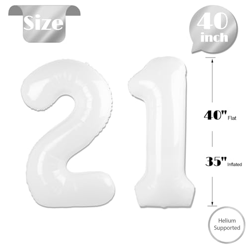 Image of White Number 21 Balloon 40 inch, 21 Number Balloons, 21st White Birthday Decorations for Women Men, 21 Year Old Party Supplies