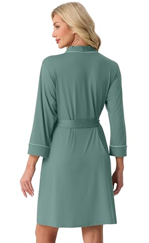Image of PrinStory Womens Robe Knee Length Soft Knit Bathrobe S-2XL | V-Neck 3 /4 Sleeve Robes with Pockets, Lightweight, Breathable Bath Robe for Shower, Spa, Travel, Home, Party, Nursing