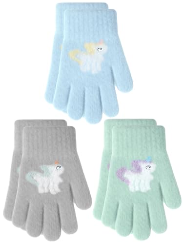 EBOOT 3 Pairs Kids Winter Knit Gloves Stretchy Full Finger Fluffy Mittens for Toddler Boys Girls 1-11 Years(Bright Colors 1-3 Years Pegasus Style)