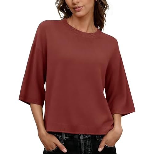 LOMON Womens Sweaters Dressy Casual 3/4 Length Sleeve Sweater Crewneck Lightweight Knit Tops Loose fit