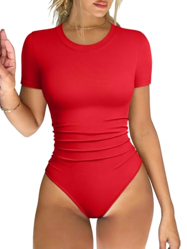 Image of OQQ Women's Crew Neck Short Sleeve Bodysuit Ruched Stretch Vacation Basic for Tops Spring & Summer