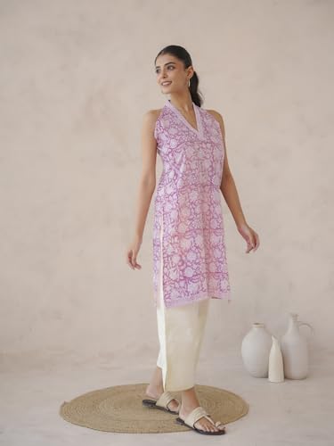 Image of GOODHAND Women Printed Cotton Kurti | Casual Long Kurta | Comfortable Ethnic Wear with Relaxed Fit