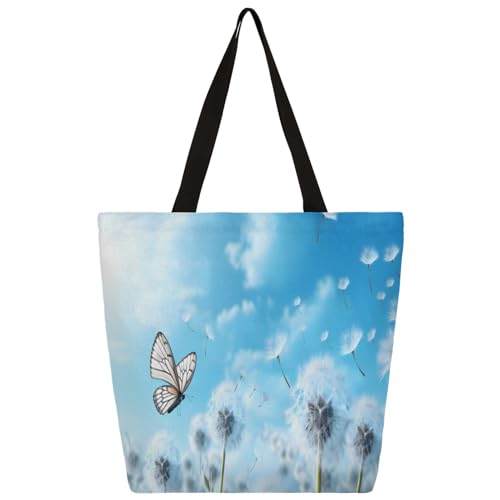 Sky Butterfly Dandelion Large Capacity Canvas Tote Bag Stylish Handheld Shoulder Bag Reusable Shopping Bag for Work Travel Beach Trips Shopping