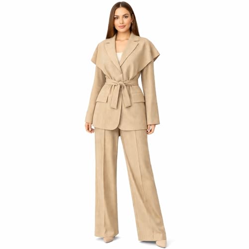 Tailleur Femme Élégant 2 Pièces Rayé – Blazer Ceinturé Structuré et Pantalon Large Fluide...