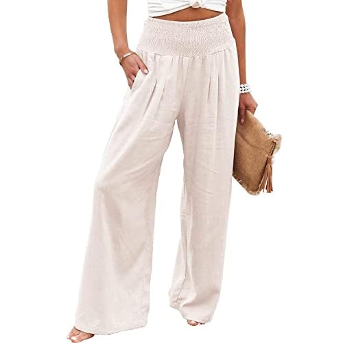 FQFGGYD Womens Linen Palazzo Pants Casual Wide Leg High Waist Long Lounge Pant 2024 Trendy Fall Beach Trousers with Pocket White