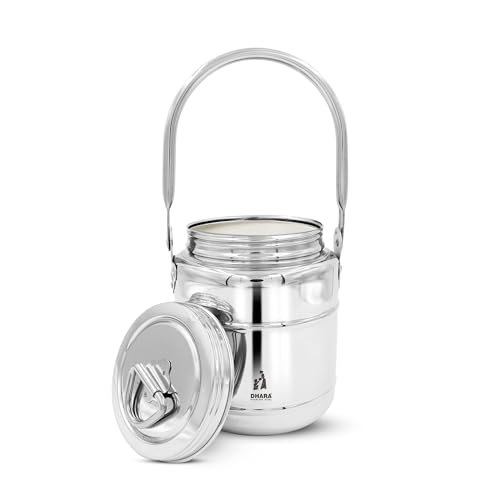 Image of Dhara Stainless Steel 1100 ml Dolchi Oil & Milk Container with Lid, Jointless One Piece Storage Pot with Screw Lid and Handle