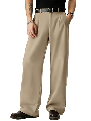 JMIERR Mens Baggy Casual Dress Pants Lightweight Pleated Old Money Wide Leg Pants Loose Relaxed Fit Trousers A Khaki