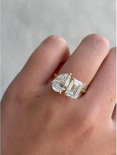 Amor Moissanite 5 TCW Emerald and Pear Cut Handmade Engagement Ring, TOI Et Moi Bridal Wedding Ring for Women, Anniversary Promise Gifts Her2
