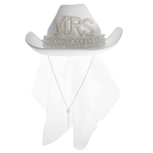 POPETPOP Sombrero de Novia Estilo Oeste Blanco con Velo y Gemas de Imitación 1 Pieza para Despedidas de Soltera y Bodas Accesorio Femenino Elegante y Festivo