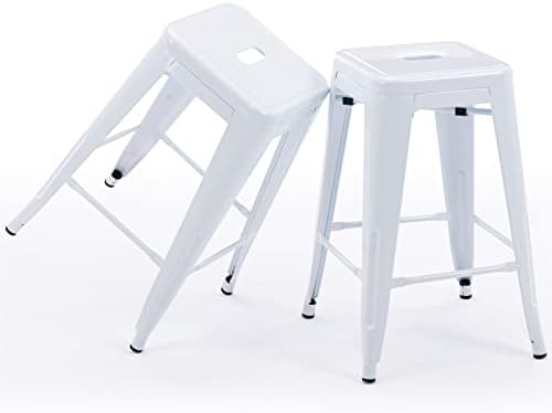 Vogue Furniture Direct 24" High Barstools Backless White Metal Barstool Indoor-Oudoor Counter Height Stool with Square Seat, Set of 2 - VF1571004