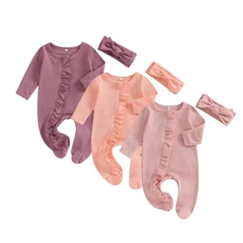 Merqwadd Baby Girl Zipper Pajama Footies 3 Pack Ruffle Sleeper Coming Home Infant Cotton Clothes
