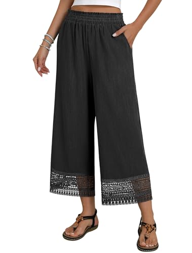 Women Wide Leg Pants Cropped Summer Pants with Lace Flowy High Waist Palazzo Pants Beach Casual Trousers Black XXL