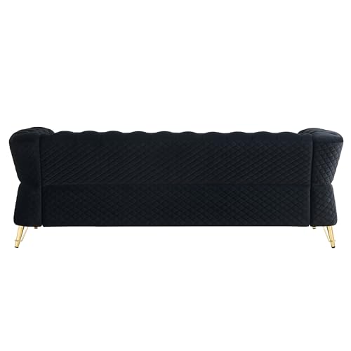 Image of KEIKI 87 inch Chesterfield Velvet Button Tufted Sofa with High Density Foam Cushions, Modern Style 3-Seater Couch with Gold Strip Trim Decoration, Easy Assembly, for Apartment, Living Room, Office, Black