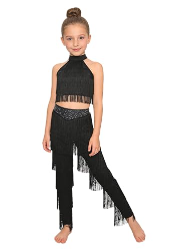 Ensemble danse latine fille noir 11-12 ans avec chemisier à franges et jupe salsa