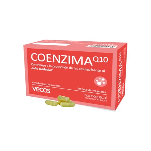 Vecos Coenzima Q10 60 Cápsulas - Alta Concentración, Con Vitamina C y E, Antioxidante Natural, Sin Gluten ni Azúcares.