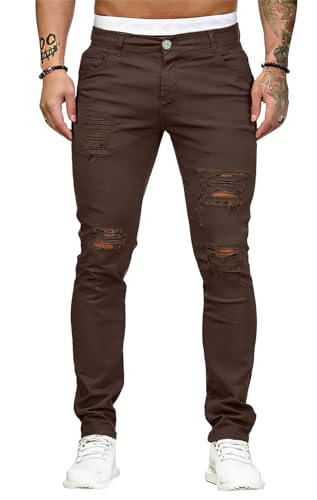 Image of HUNGSON Men's Blue Slim Fit Jeans Stretch Destroyed Ripped Skinny Jeans Side Striped Denim Pants