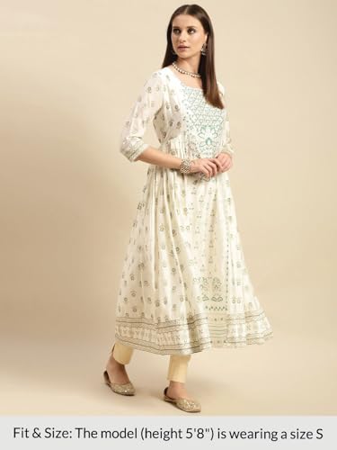Image of rangita Off White Viscose Blend Calf Length Printed Anarkali Kurti for Women | Kurta for Women