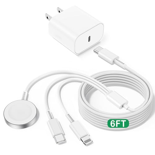 iWatch Charger for Apple Watch Charger Fast Charging 6FT Multi Charging Cable with iPhone Charger USB C Block 3-in-1 Travel Charger Cord for i-Watch Ultra 3/SE/11/10/9/8/7/6 iPhone 17/16/15/14/13/12