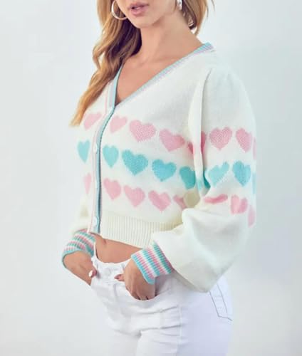 Image of Valentine's Day Cardigan Sweaters for Women Love Heart Print Button Down Cropped Cardigans Y2K Open Front Knit Sweater