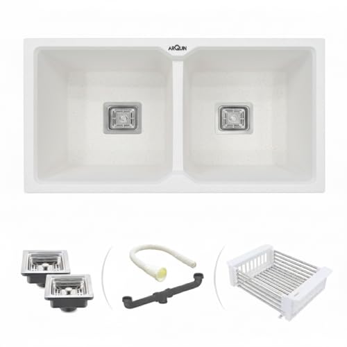 Image of ARQUIN Double Bowl Quartz Kitchen Sink 45x20x9 Inch Rosa | Durable & Scratch-Resistant Sink | Undermount,Topmount | Including Coupling,Sink Connector,Waste Pipe & Fruit Washing Basket