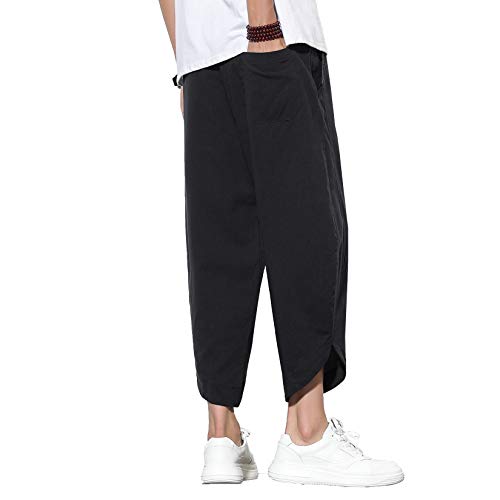 Doslavida Men's Casual Elastic Waist Linen Capri Pants Wide Leg Baggy Cotton Harem Yoga Trousers Loose Patchwork Shorts Solid-Black #TOP5