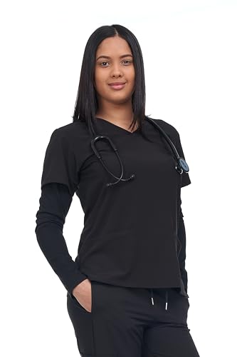Flex Core Long Sleeve Scrub Top for Women 2 Pocket Shirt Lightweight 4 Way Stretch Soft Scrub Shirt V Neck (US, Alpha, Small, Regular, Regular, Black)