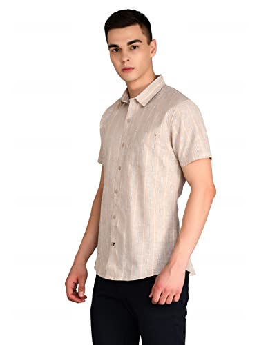 Image of Men's Grey Linen Striped Shirt - Lightweight and Comfortable Casual Shirt