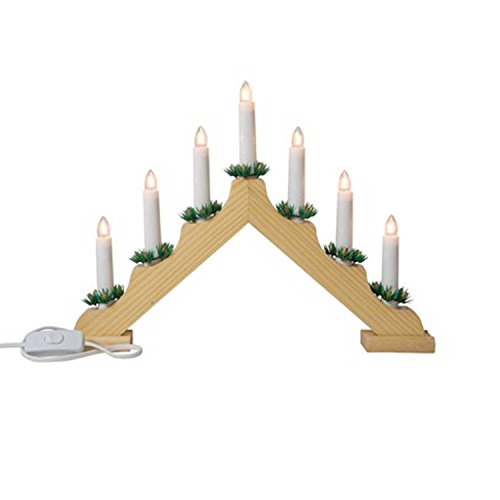 SHATCHI Traditional Wooden Pre-Lit Natural Candle Bridge Light 7 Candles Bulbs Mains Window Christmas Tree Home Office Desk Light Holiday Xmas Festive Decoration
