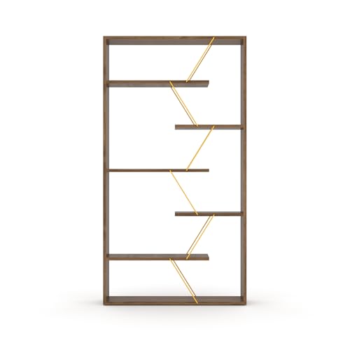 leoglint Furnish Home Store Wood Frame Etagere Open Back 6 Shelves Bookcase Industrial Bookshelf for Office and Living Rooms Modern Bookcases Large Bookshelf Organizer, Walnut/Yellow