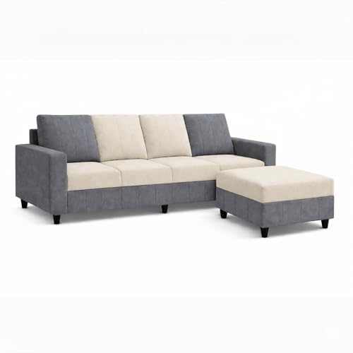Image of Stryker Plush 5 Seater L Shape Sofa Set with Movable Ottoman | Flexible Layout |Silken Velvet Suede | Designer Sofa for Living Rooms & Office Spaces (Dark Grey & Cream)