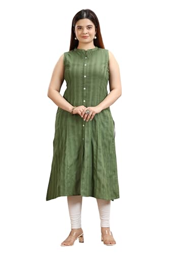 Image of Cotton Culture Green Cotton A Line Sleeveless Kurta