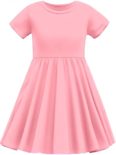 Girls Short Sleeve Dress Elastic Waisted Solid Color A Line Dresses 5-14 Years