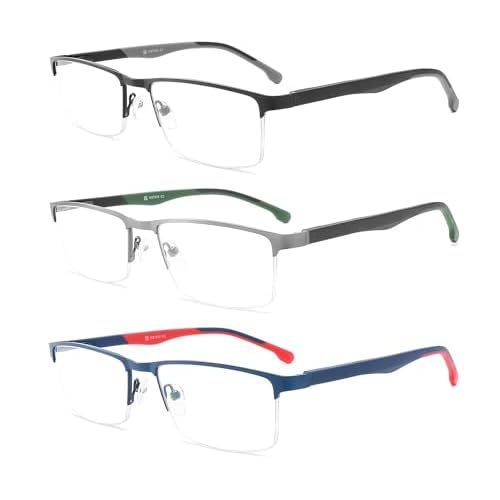 MODFANS 3-Pack Reading Glasses Men (Blue Light Blocking) Metal Frame Rectangle Style Stainless Steel Material Readers Glasses Grey/Dark Green/Red