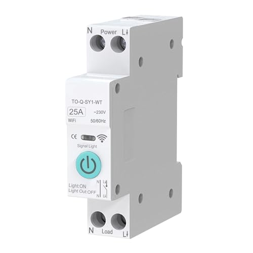 Interruttore intelligente WiFi, 1P+N 25A 230V Interruttore di controllo remoto wireless per la casa intelligente Timer Controllo vocale Compatibile con Smart Life TUYA APP Montaggio su guida DIN