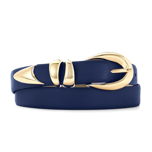 RISANTRY Navy Blue Leather Belt for Women Stylish Design with Gold Buckle Ladies Blue Belt Perfect for Jeans Dresses