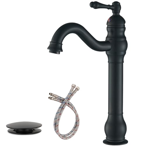 BATHLAVISH Black Vessel Sink Faucet Tall Farmhouse Single Hole Single Handle Vanity Lavatory Matte with Pop Up Drain Without Overflow by BATHLAVISH - Used condition - CA$47.65