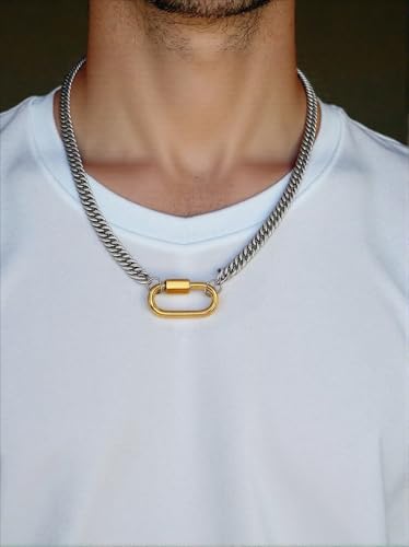 Women Two Color Mountaineering Buckle Necklace Silver Men and Women's Personalized Cuban Paper Clip Thick Chain Necklace3