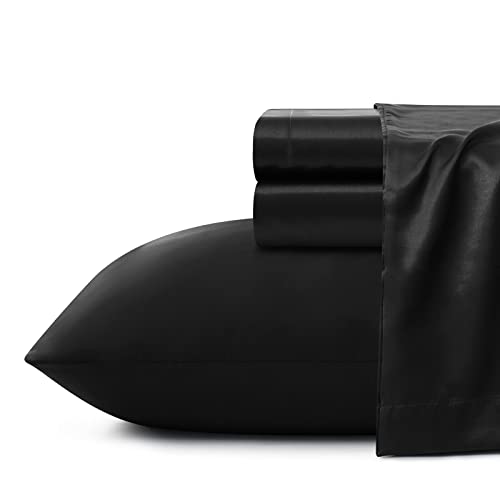 Vacvelt 4Pcs Extra Deep Pocket Satin Sheets Queen Size Bed Set, Black Satin Sheet Set Fit 18-24 Inch Deep Pocket Mattress, Silky & Luxury Satin Bedding Set Soft & Ultra Deep Fitted Sheet Set #TOP2