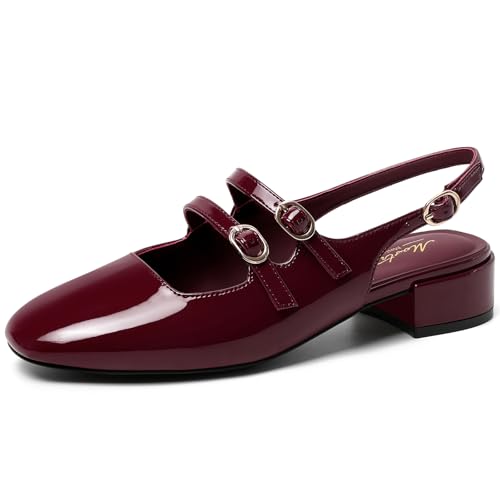 Image of Mostrin Mary Jane Shoes Women Slingback Chunky Low Heels for Women Closed Rounded Toe Ankle Strap Pumps Daily Wedding Party Dress Shoes