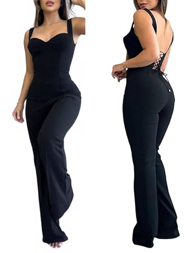 CHICME Jumpsuits for Women Dressy Bandeau Thick Strap Casual Black Jumpsuit Backless Lace-up Party Holiday Overalls-L