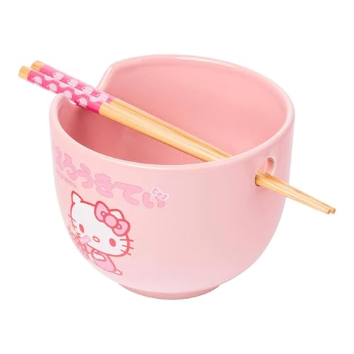 Silver Buffalo Sanrio Hello Kitty Strawberry Milk Japanese Character Ceramic Ramen Noodle Rice Bowl with Chopsticks, Microwave Safe, Pink, 20 Ounces