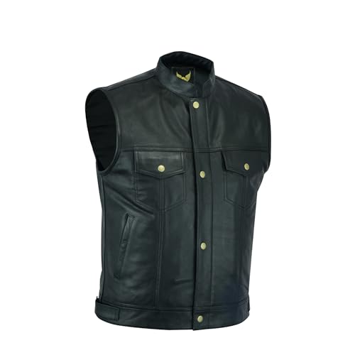 Leatherick SOA Chaleco de motociclista de cuero genuino para hombre, botones abiertos para montar y corte de moda estilo chaleco, con bolsillos profundos (FR/ES, Números, 54, Regular, Regular)