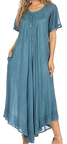 Image of Sakkas Egan Long Embroidered Caftan Dress /Cover Up with Embroidered Cap Sleeves