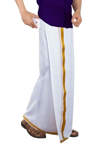 Image of PRAKASAM COTTON -Welcro pocket dhoti for mens /Jari border welcro pocket Stitched Dhoti for Mens