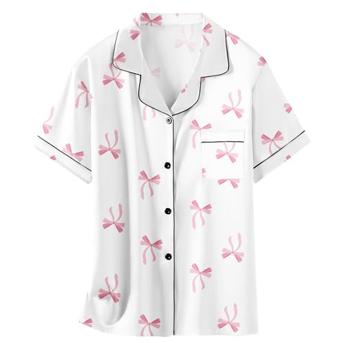 Image of Schbbbta Women Pajamas Set, 2 Pcs Satin Silk Pjs Button Down Sleepwear Soft Comfy Short Sleeve Outfits